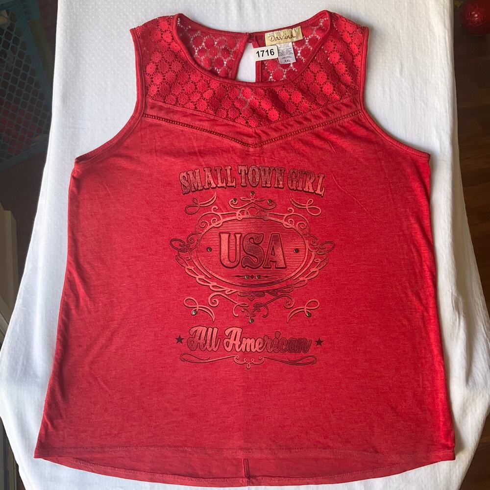 Davina Women Sleeveless Tank Top Size 2XL, Red, Small Town Girl USA All American